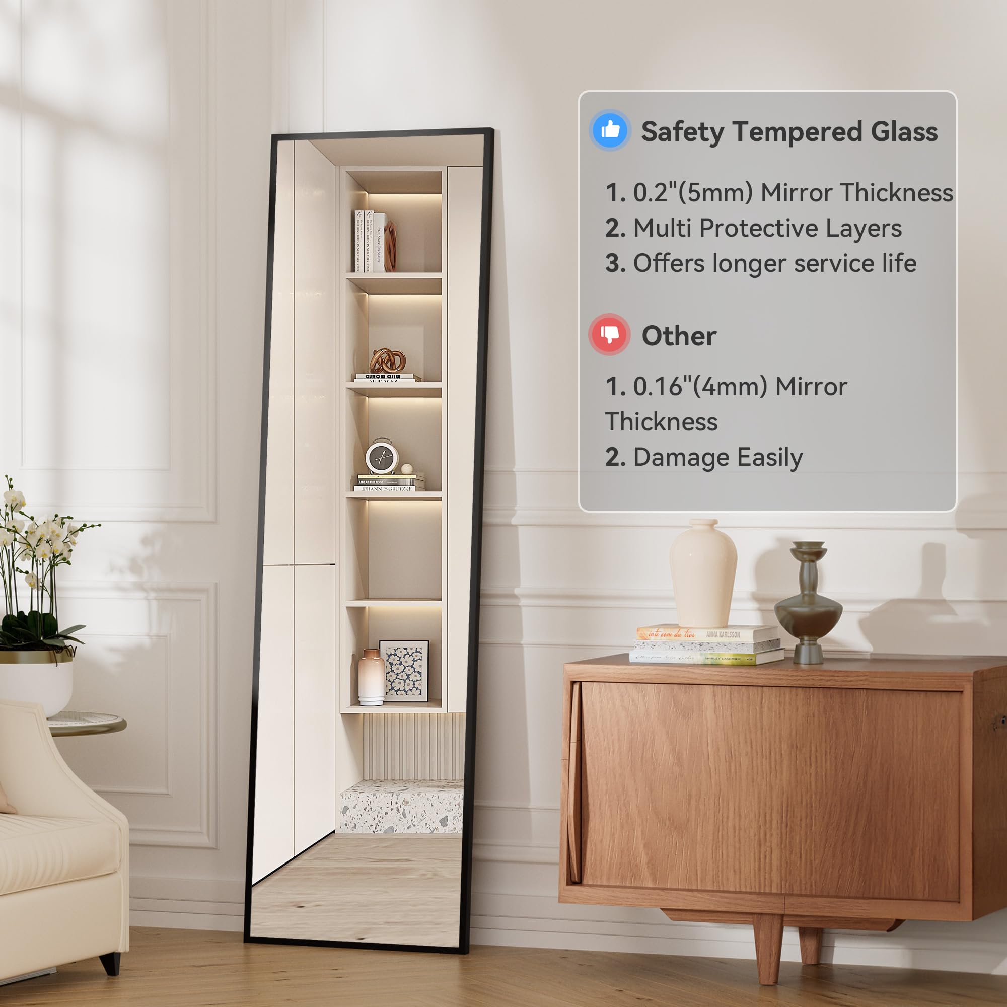 81" x 43" Full Length Floor Mirror - Standing Square Body Mirror with Distortion-Free Glass