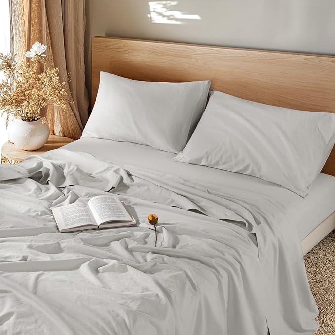 Linen Sheet French Flax Sheet Cotton Linen Blend Sheets Deep Pocket 16 Inch, 4 Pcs Bedding Sheet King Sheet Set,