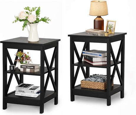 End Tables Living Room Set of 2, Farmhouse Small Side Table 3-Tier Modern Bed Side