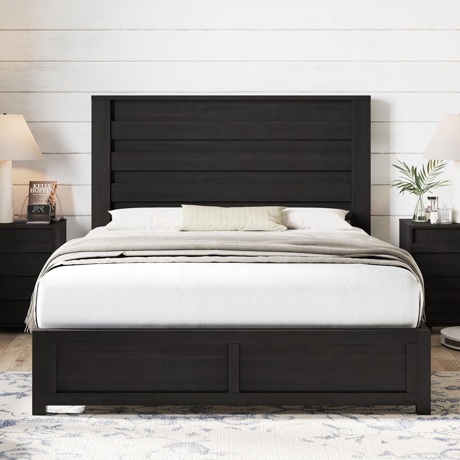 AMERLIFE Farmhouse Full Size Bed Frame with 49" Fluted Headboard, Platform Bed with Natural Wood Grain, No Box Spring Needed/Noise Free, Black