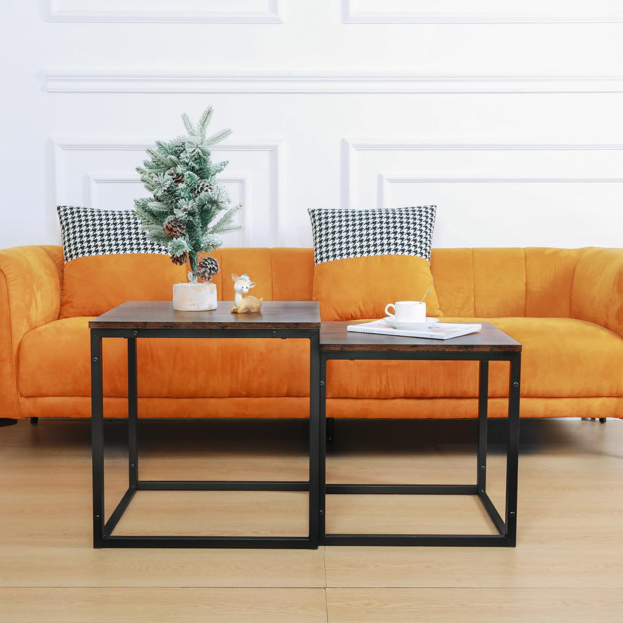 Nesting Coffee Table, 2 Sets Square Coffee Table with Wooden Tabletop and Sturdy