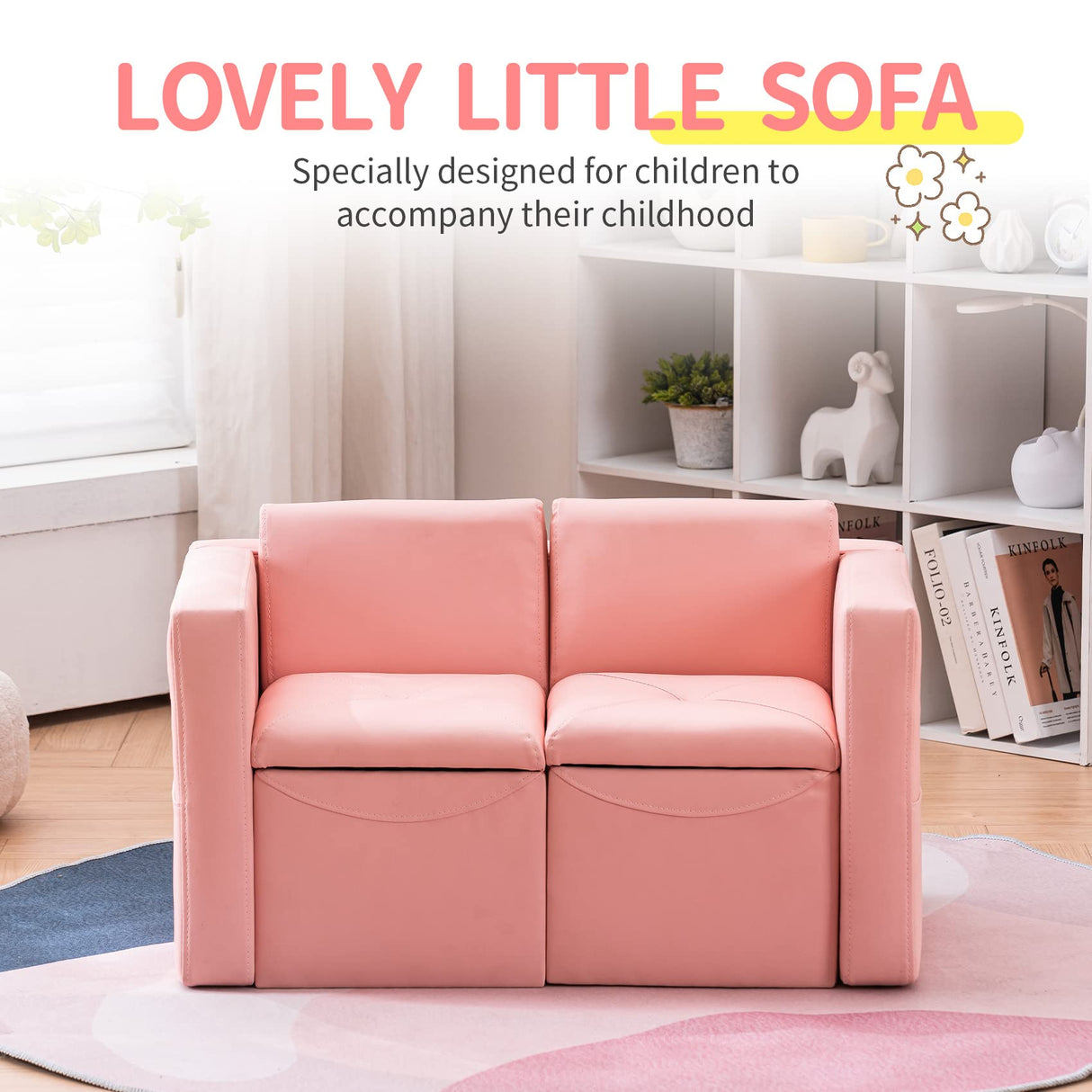 2-in-1 Double Set Sofa Convert to Table & 2 Chairs, Toddler Lounge with Leather Surface, Children Boys Girls Couch Armrest Chair with Storage Box (ZKL-111K-Pink)