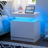 White Nightstand LED Bedside Table for Bedroom Modern Night Stand with 2 Wood Drawers