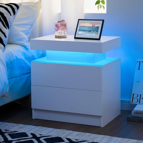 White Nightstand LED Bedside Table for Bedroom Modern Night Stand with 2 Wood Drawers