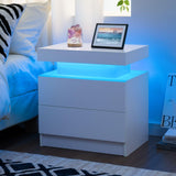 White Nightstand LED Bedside Table for Bedroom Modern Night Stand with 2 Wood Drawers End Side Table for Bedroom