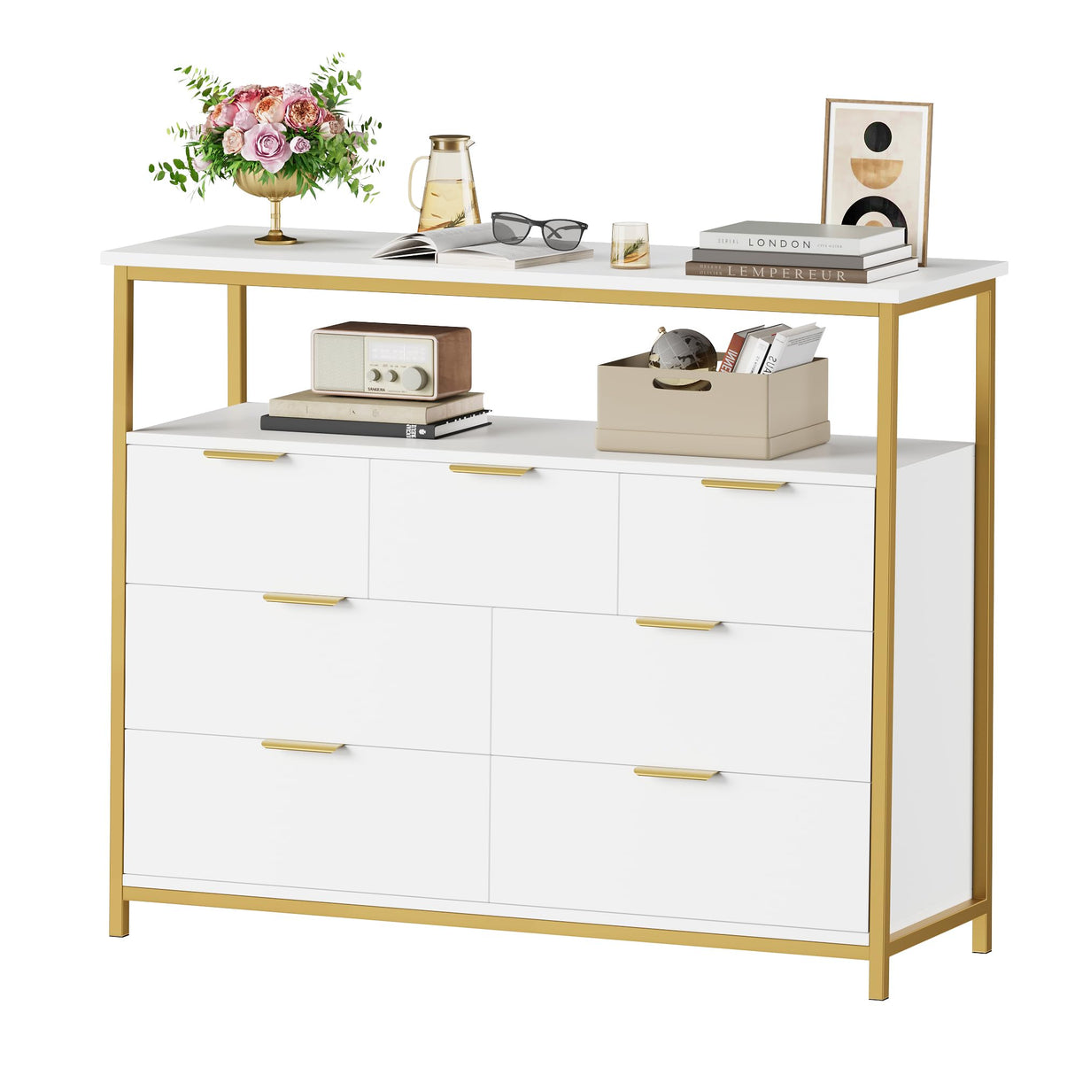 Modern 7 Drawer Dresser, White Dresser with Metal Handles, White and Gold Dresser