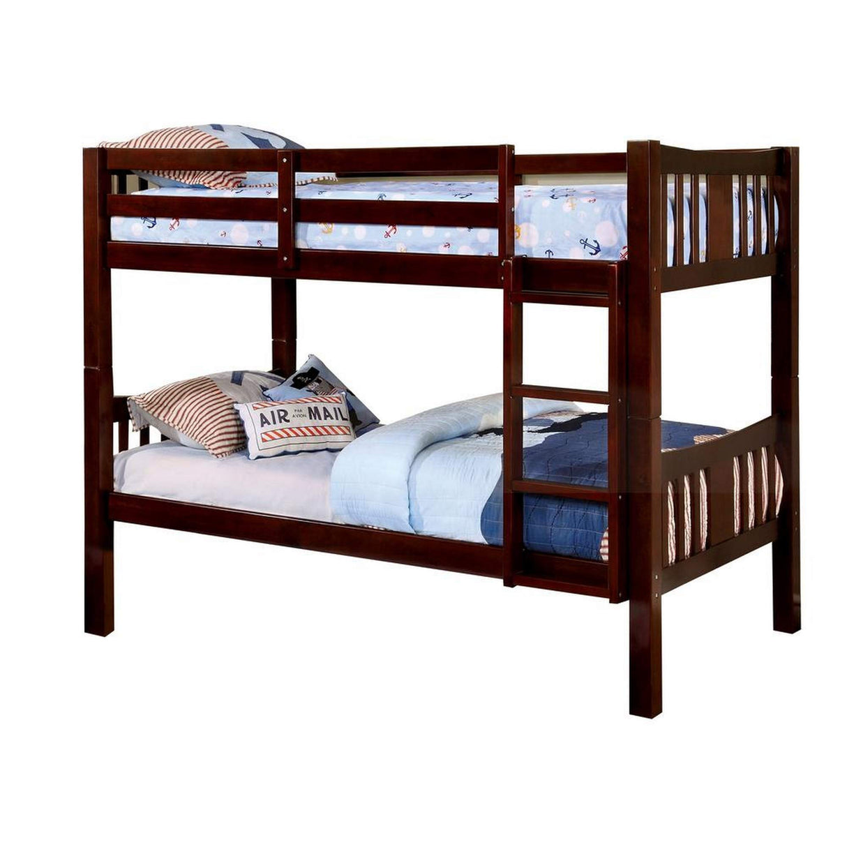 Slatted Twin Bunk Bed with Attached Ladder, Brown
