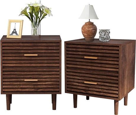 Nightstands Set of 2 End Table with 2 Drawers, Bed Side Table for Bedroom, Mid Century Modern Side Table with Storage Vintage Wood Accent Table for Living Room, Rustic Brown (2 Pack)