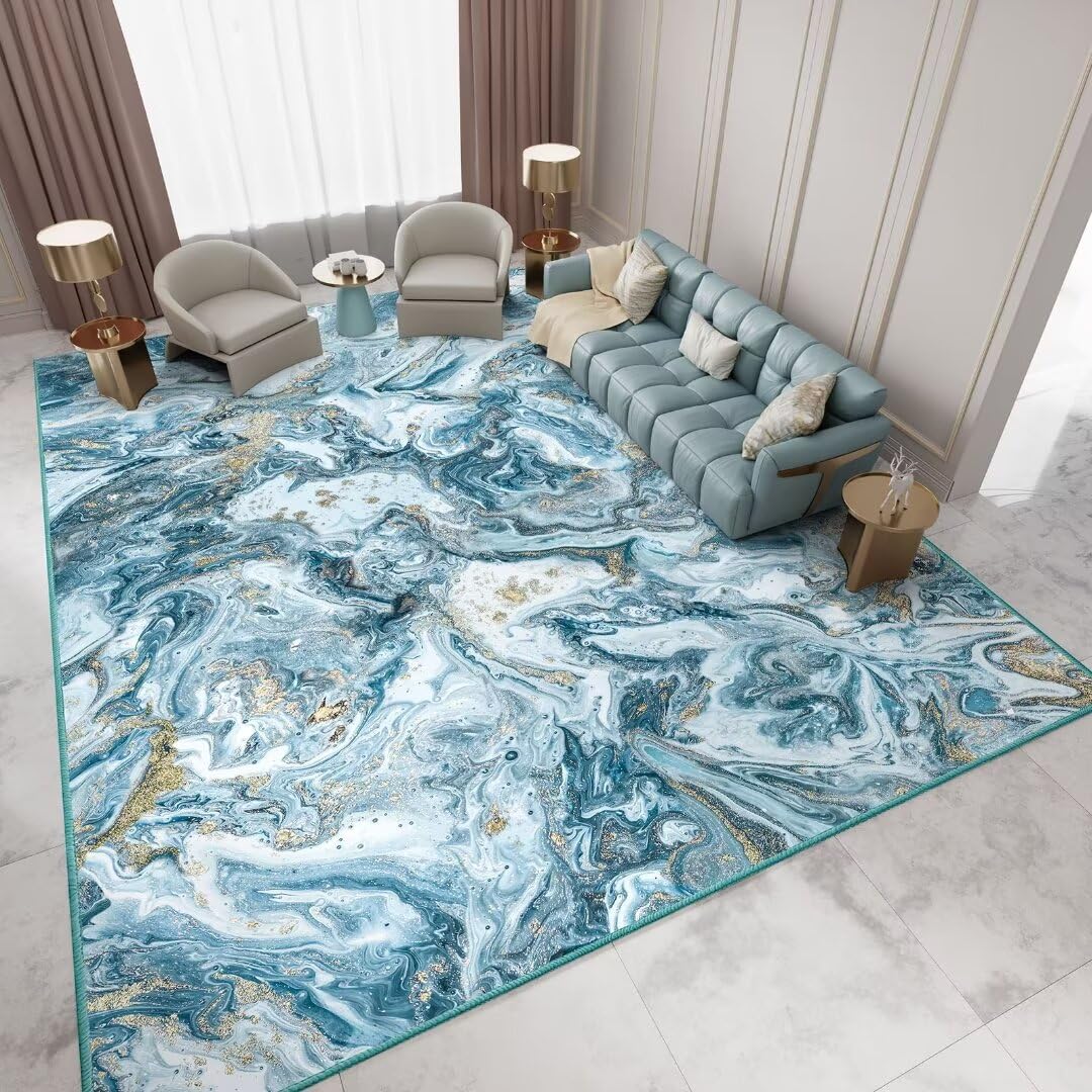 GEMBED Washable Area Rug 9x12 - Artistic Style Modern Rug for Living Room Bedroom Dining Room, Soft Low Pile Machine Washable Carpet, Non Slip Non Shedding Area Rug - Blue/Gold, 9'x12'