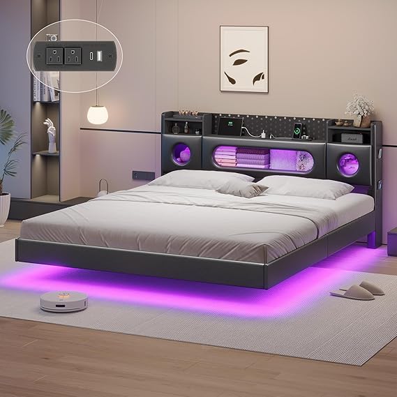 Floating Queen Bed Frame with LED Lights & Storage Headboard