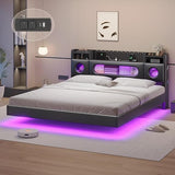 King Floating Bed Frame with LED Lights & Storage Headboard