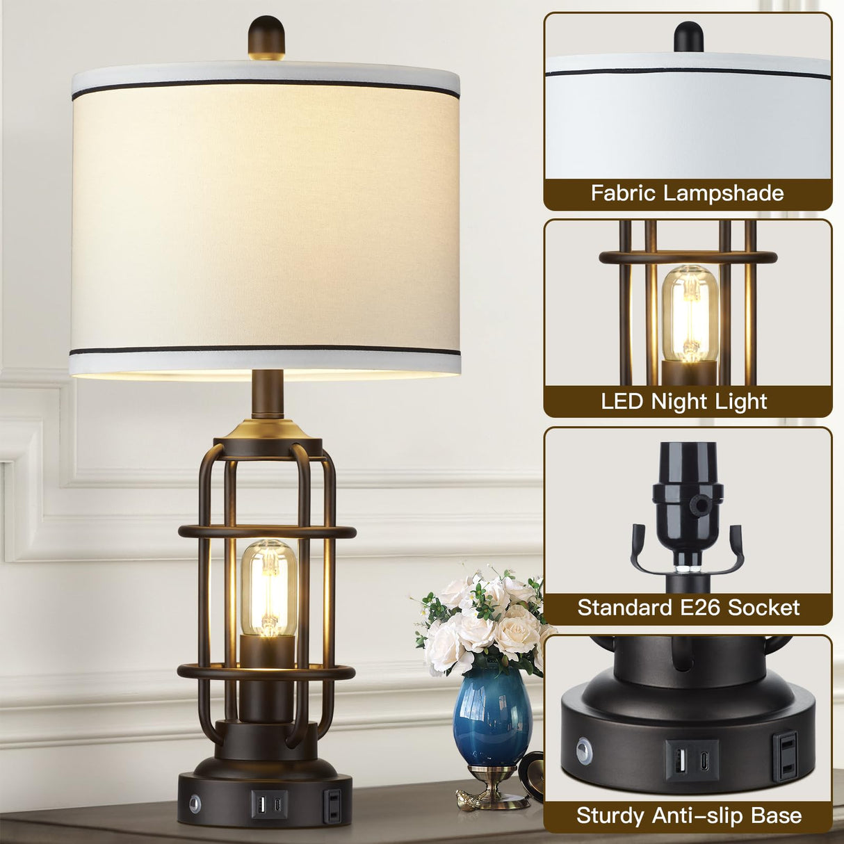 Modern Table Lamps, Industrial 3-Way Dimmable Bedside Lamp