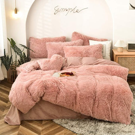 5 PCS Shaggy Duvet Cover Bedding Set - Fluffy Comforter Cover Long Faux Fur Luxury