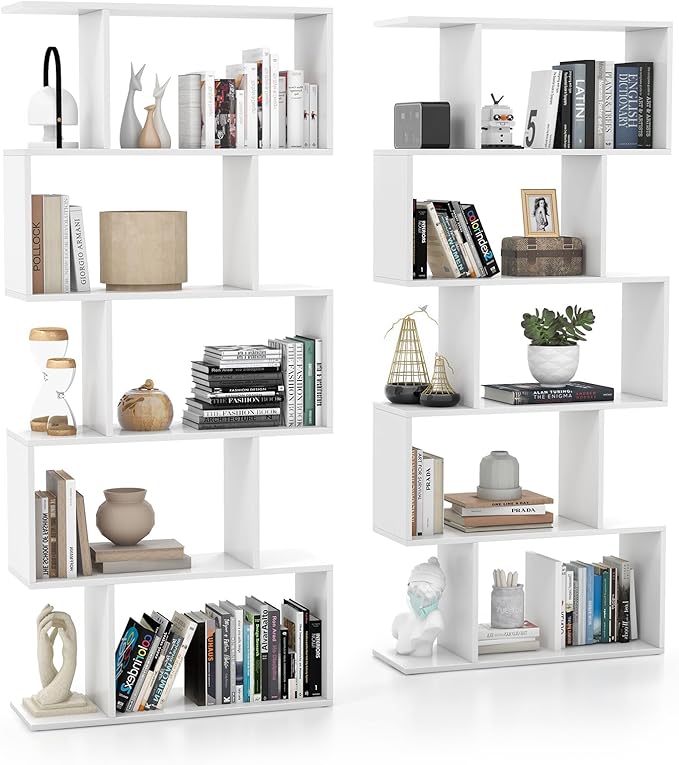 5-Tier Geometric Bookshelf, S Shaped Bookcase w/Anti-Toppling Device, Freestanding