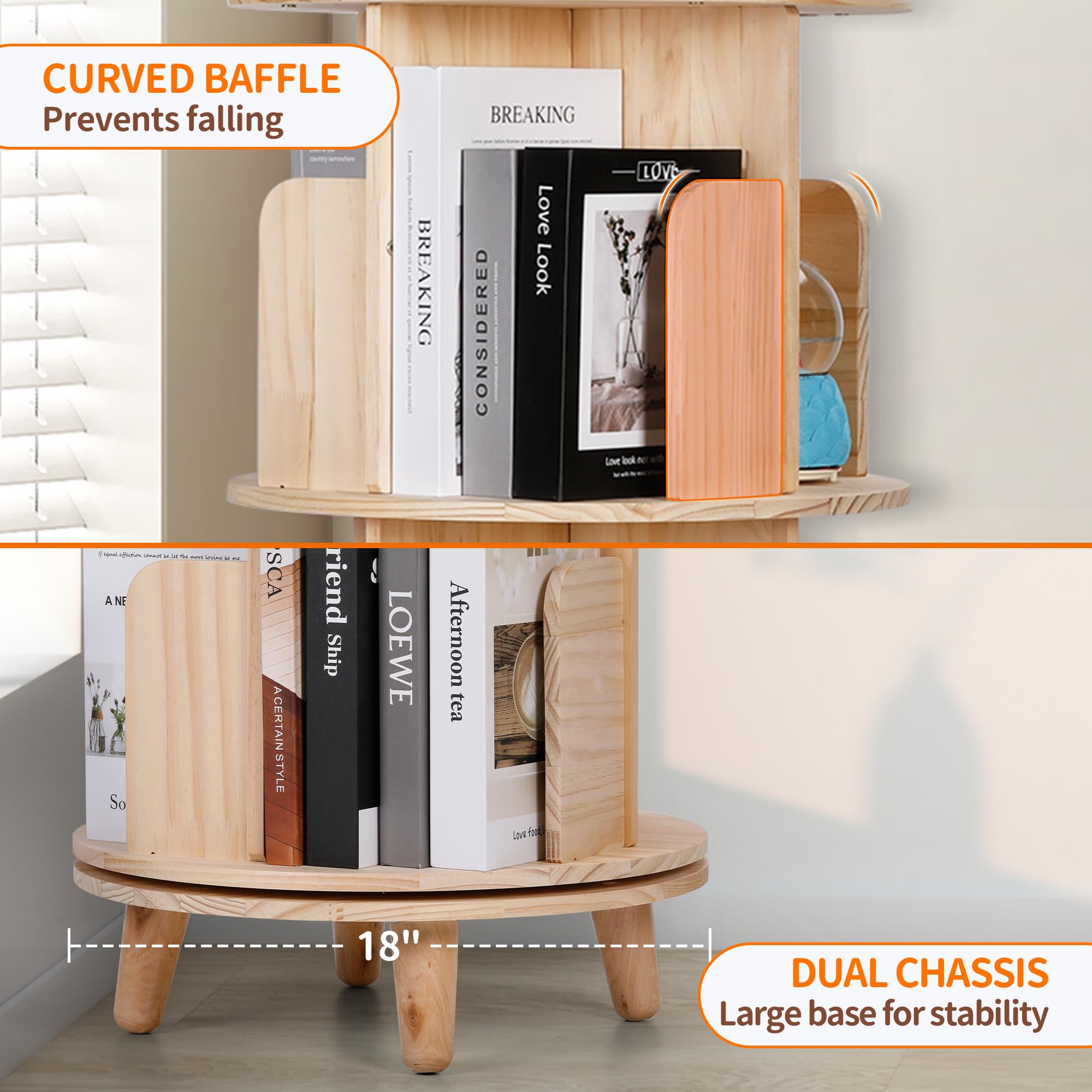 Bookshelf Tower, 4 Tiers Floor Standing Bookcase Storage Rack, 360 Display Round