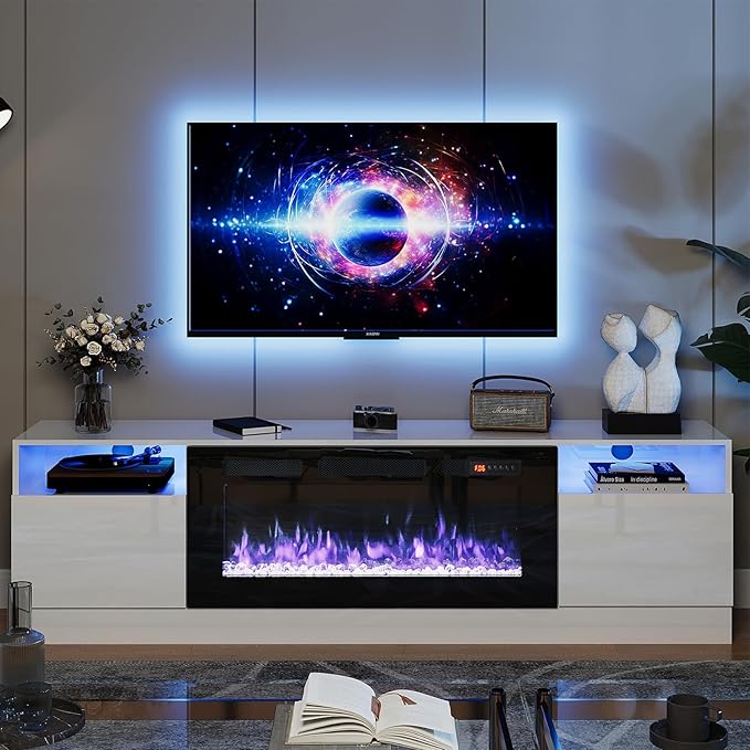 Fireplace TV Stand with 36" Electric Fireplace, LED Light Entertainment Center, Modern