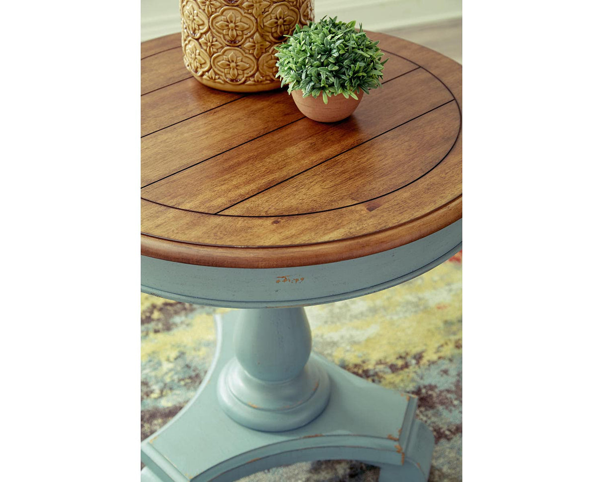 Mirimyn Farmhouse Round Accent Table, Teal & Brown