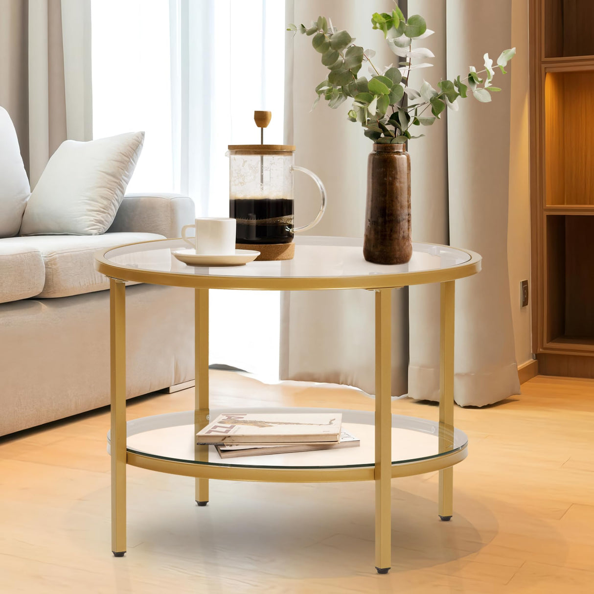 Round Coffee Table, Clear Glass Top Coffee Table with 2-Tier Storage Space