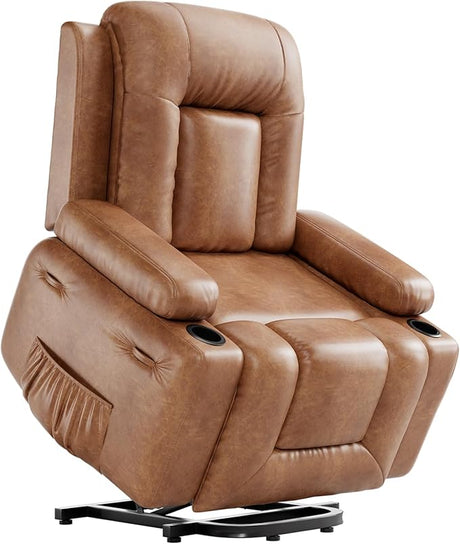 Lift Recliner Chair PU Leather with Massage for Elderly Ergonomic Lounge Chair Classic Single Sofa with 2 Cup Holders Side Pocket (Beige, 22" Seat Width + Cup Holder)