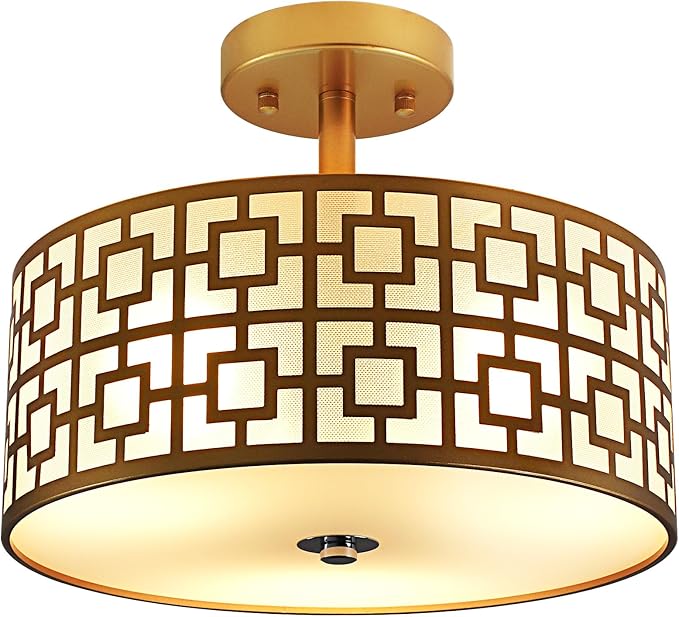 DLLT Flush Mount Ceiling Light: Modern 3-Light Semi Flush Mount Ceiling Light Fixture - Drum Kitchen Lighting Fixture for Dining Room - Black Bedroom Ceiling Lamp with Double Shade