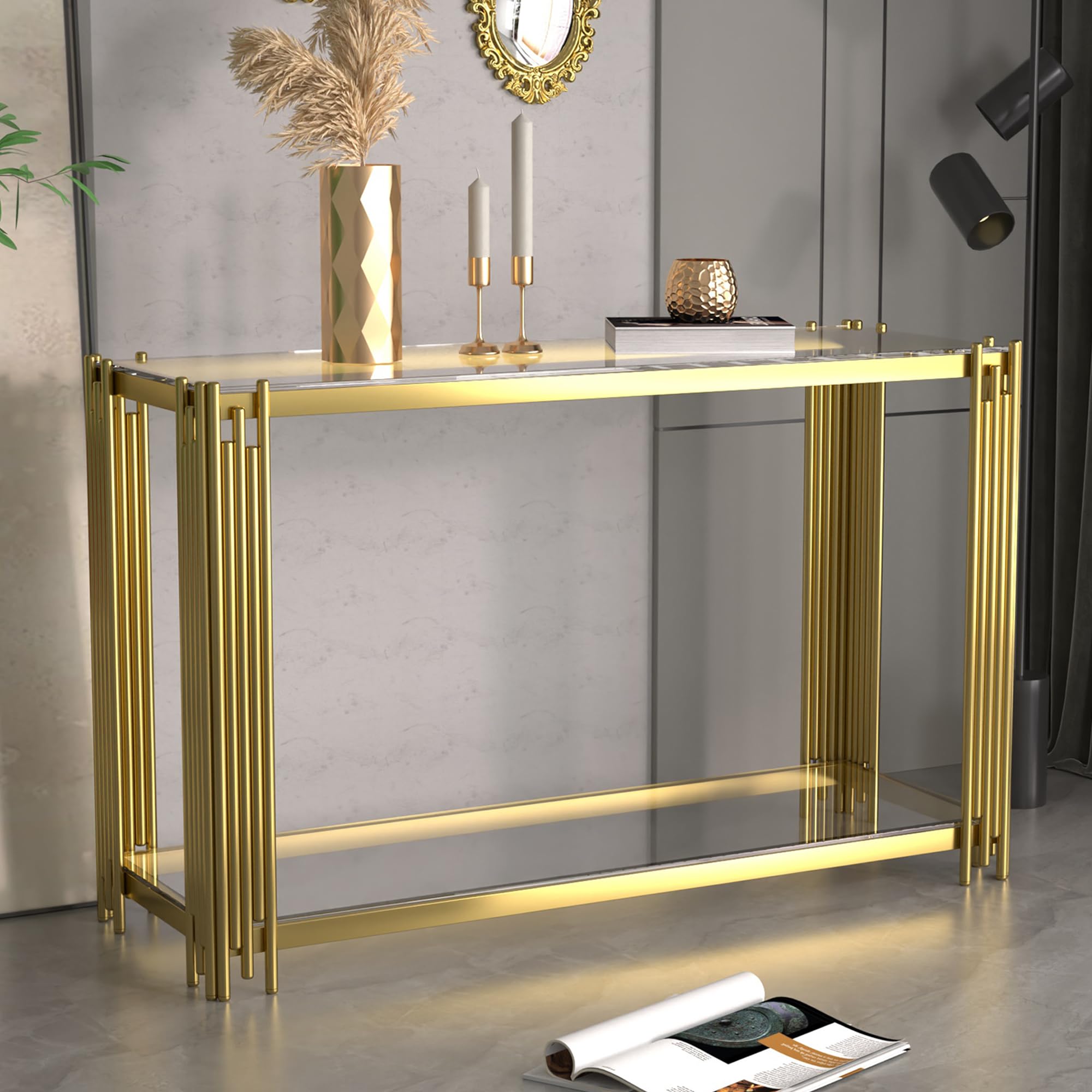 47" Gold Glass Console Table - Modern Entryway Sofa Table