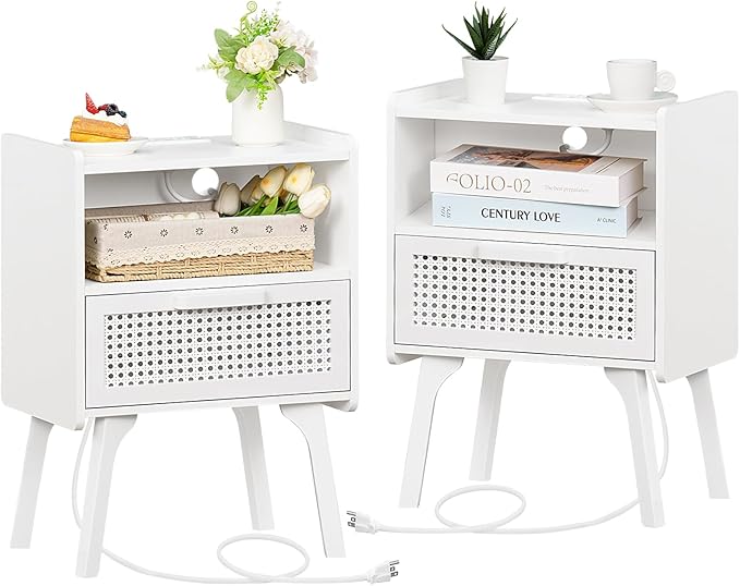 Rattan Nightstands Set of 2 with Charging Station