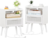 Rattan Nightstands Set of 2 with Charging Station