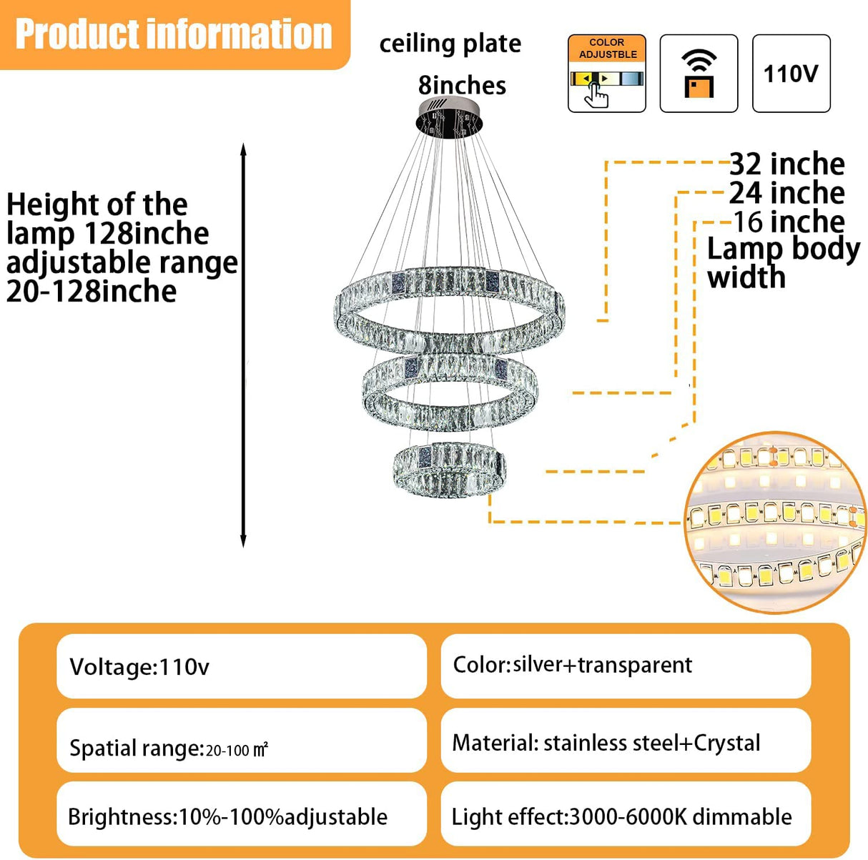 IDEQUY 3 Ring Crystal Chandeliers High Ceiling Pendant Lighting Crystal Chandeliers for Living Room Dining Room Entrance Foyer 16''+24''+32''