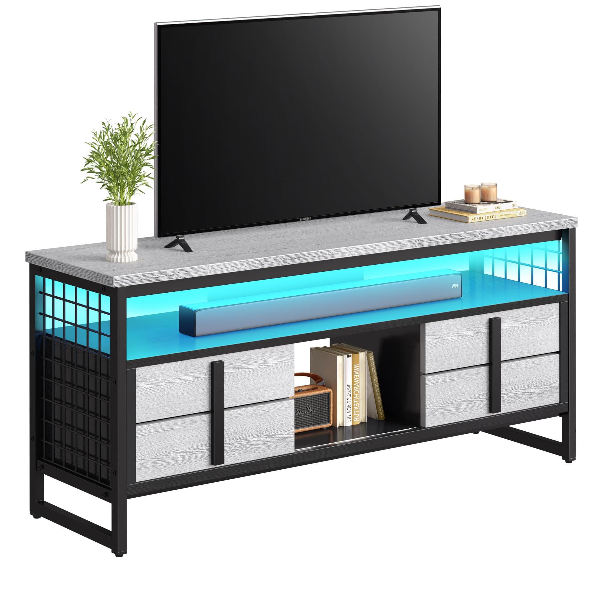 59.5" LED TV Stand for 65 Inch TVs - White Oak & Black Entertainment Center