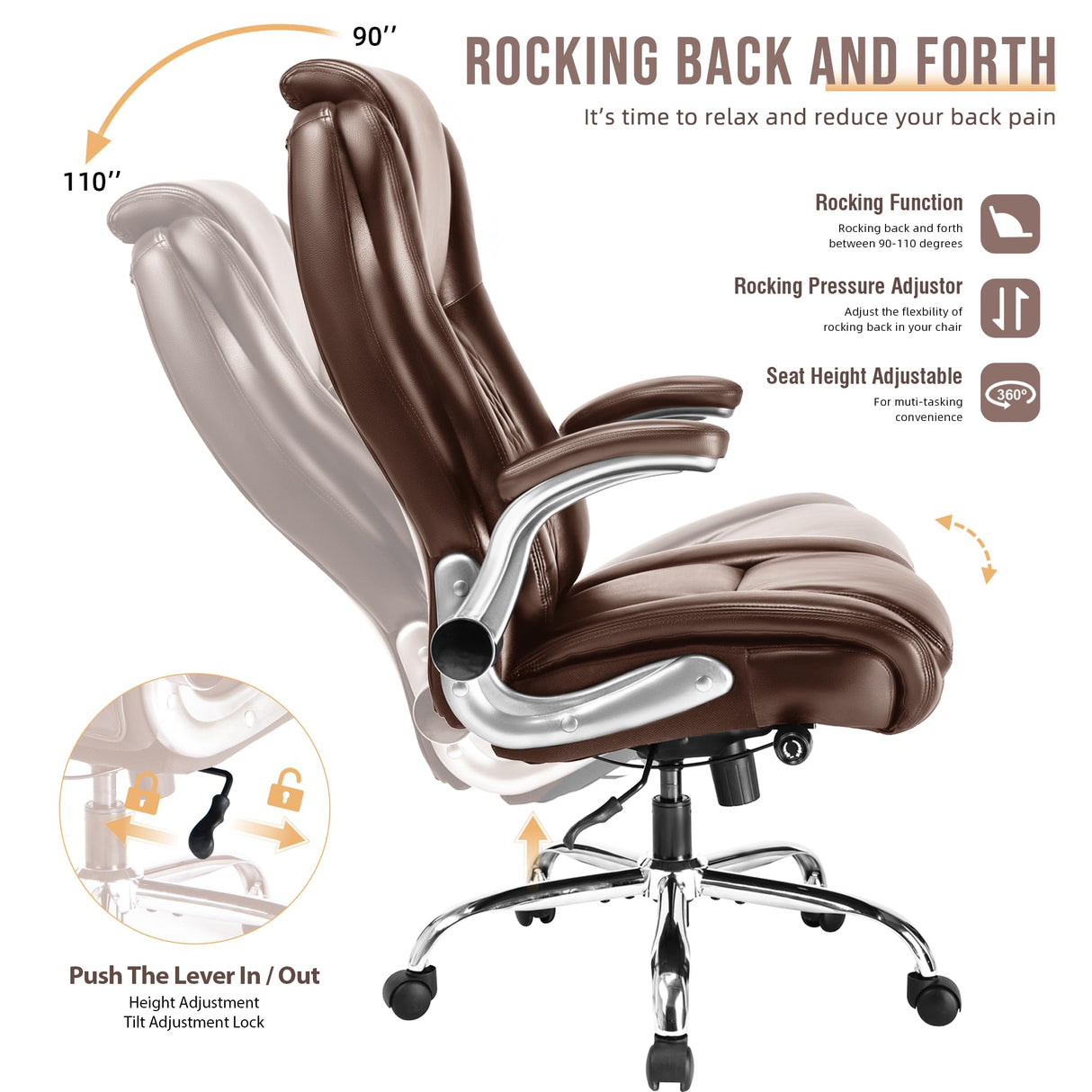 High Back Office Chair with Flip-up Armrests - Lifting Headrest, Built-in Adjustable