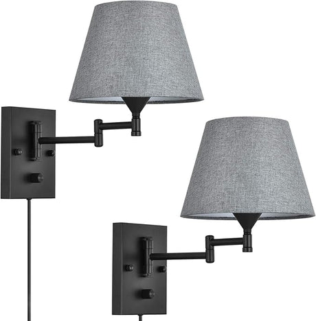 Plug in Wall Sconce Set of 2 Swing Arm Wall Lamp with Plug in Cord and Fabric Shade Wall Light