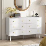 White Dresser for Bedroom, Double Wood Dresser with Gold Handles, 6 Drawer Dresser, Modern Mid Century Chest of Drawers for Living Room, Hallway