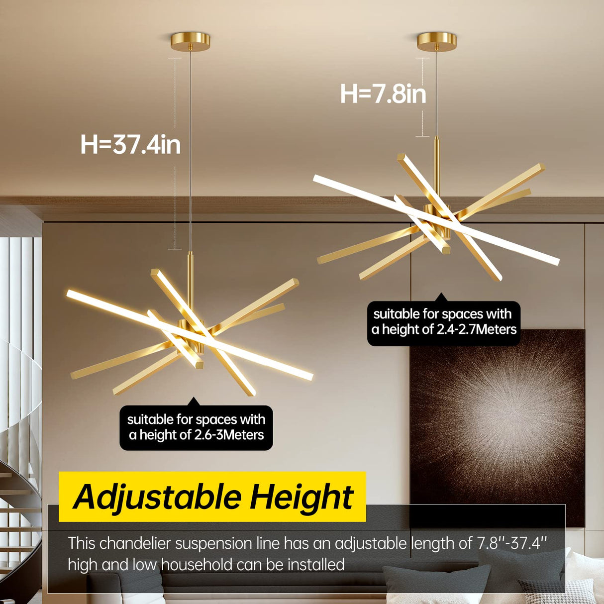 Modern Sputnik Chandelier Ceiling 82W LED Gold Pendant Light Embedded Mount