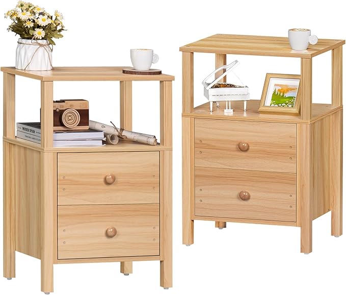 White Night Stand, Small Nightstand with 2 Wood Drawers and Storage Shelf, Modern