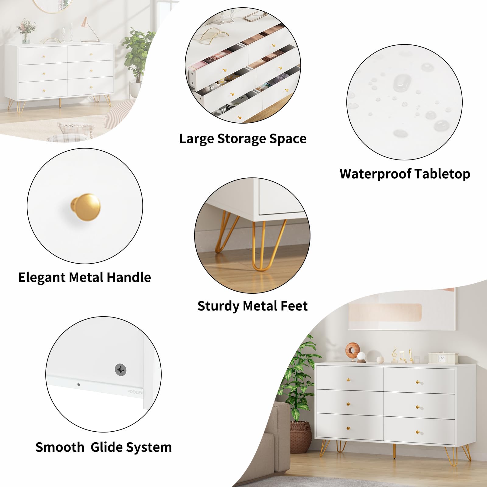 White Dresser for Bedroom, 6 Drawer Dresser with Wide Drawers and Gold Metal Handles