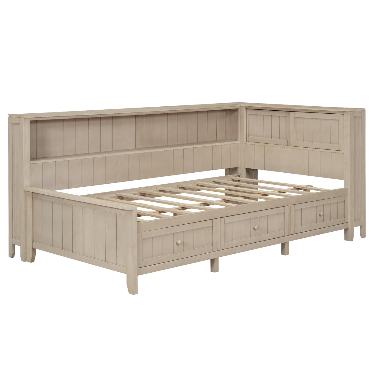 Wood Twin Daybed Frame with Storage Shelves and 3 Drawers, Antique White Milk