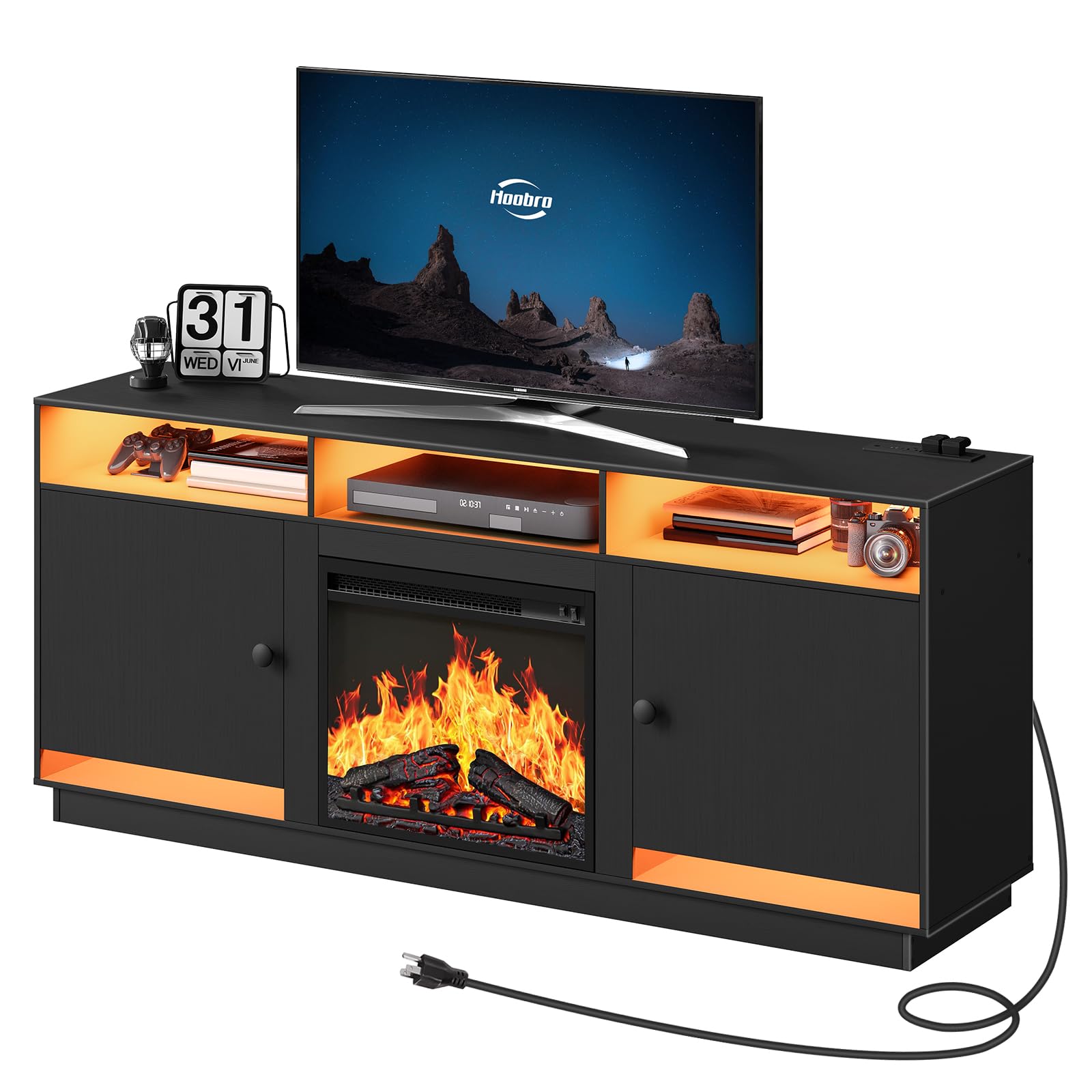 Electric Fireplace TV Stand with Charging Station and LED Lights