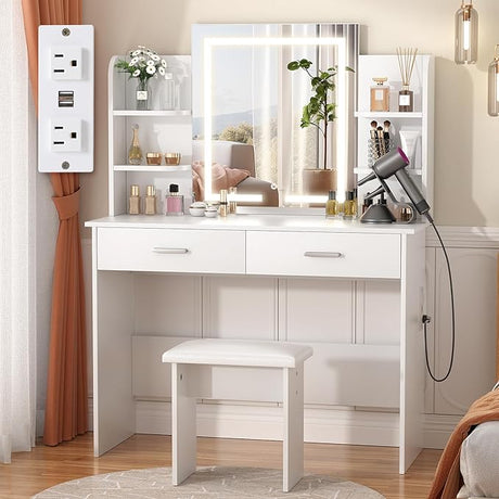 with Lighted Mirror, Makeup Vanity Desk with Power Outlet, 3 Color Light Options Adjustable Brightness,