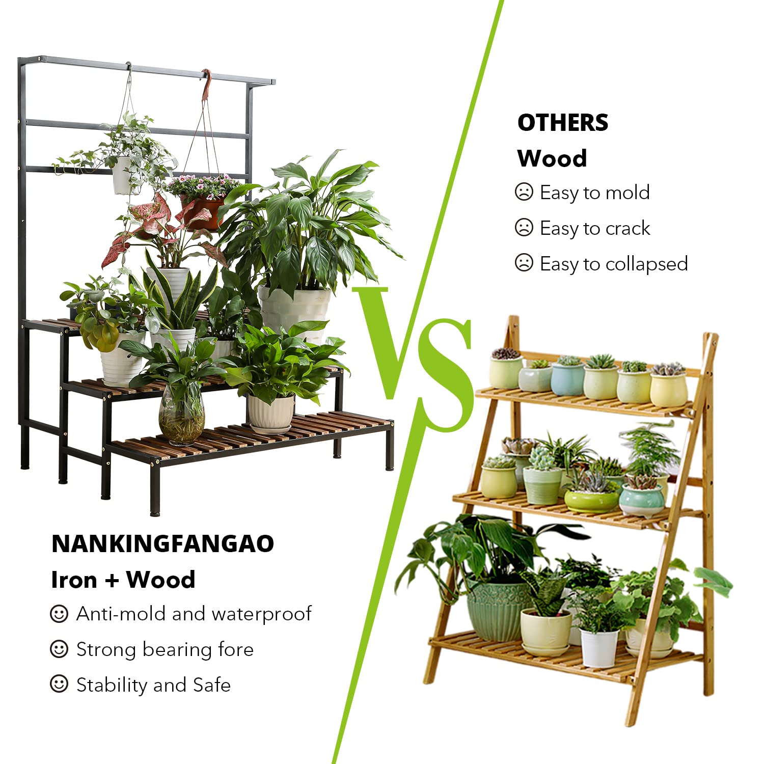 NANKINGFANGAO 3 Tier Hanging Plant Stand Ladder Plant Shelf, Tall Plant Stand Outdoor Indoor Steel-Wood Plant Shelves Metal Frame, Suitable for Terrace Garden Corner Balcony, Living Room Storage