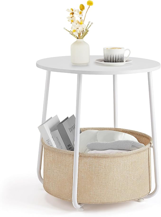 Table with Fabric Storage Basket, Sofa Table with Metal Frame, End Tables with Removable Tray