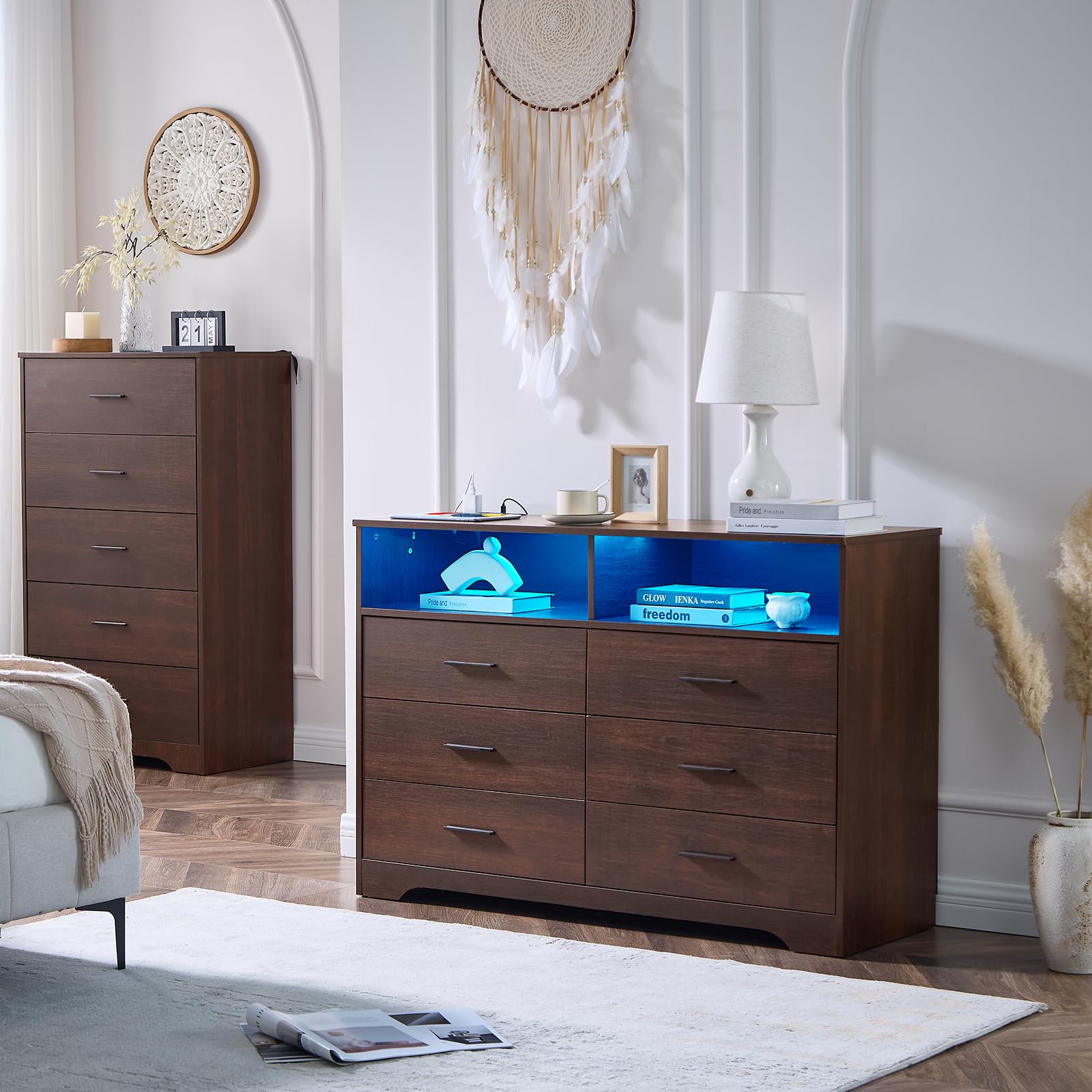 Cherry Dresser for Bedroom Wooden, 6 Drawer Dresser