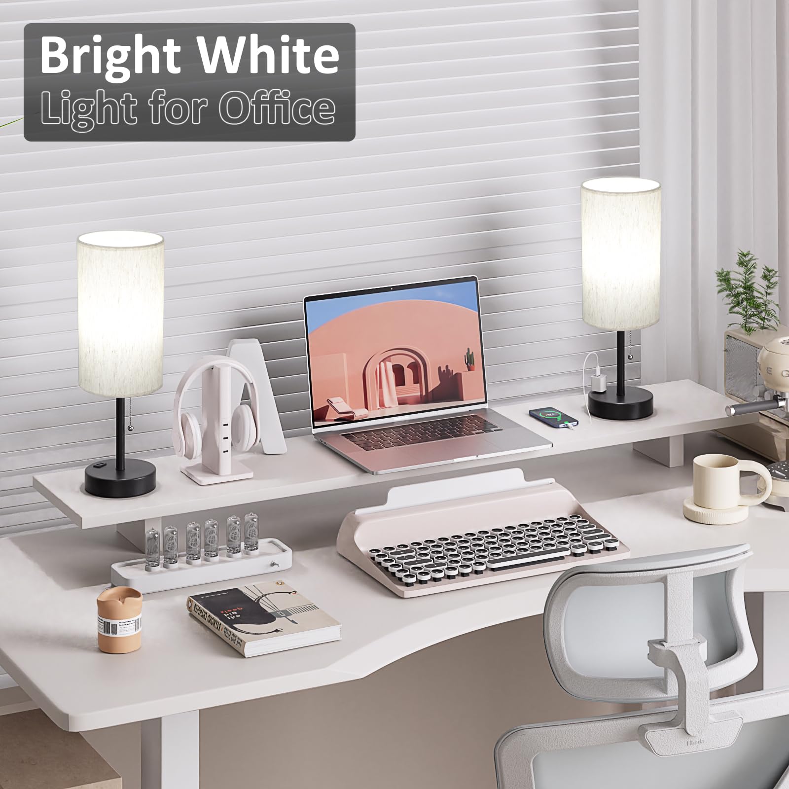 Plus Bedside Table Lamps Set of 2 - 3 Color Temperatures Pull Chain Lamp with AC Outlet