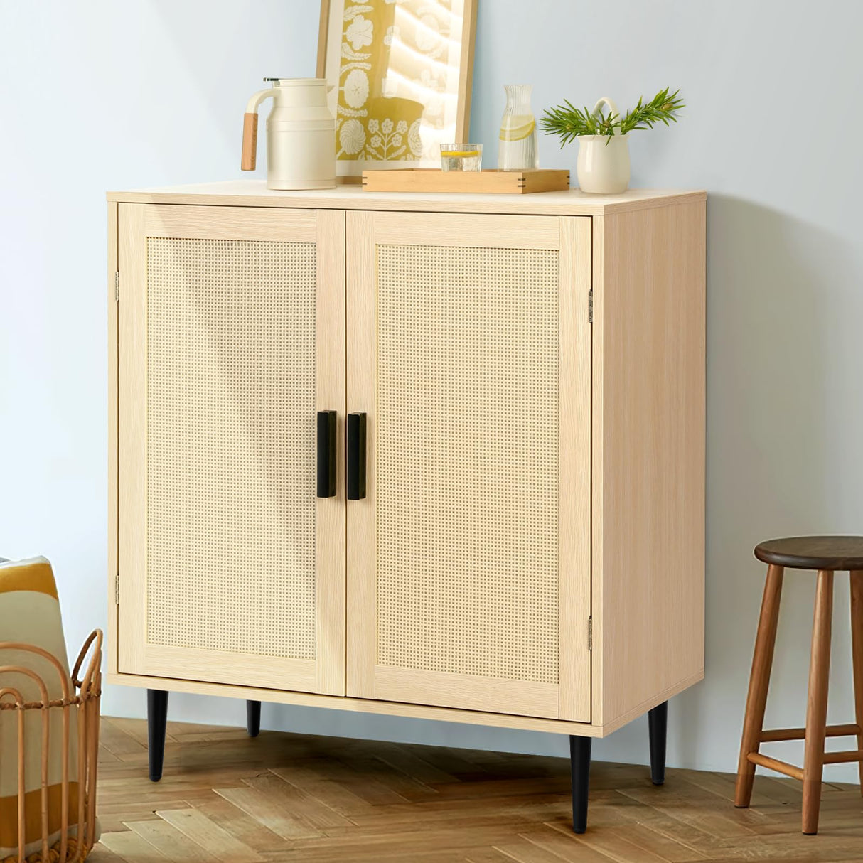 Rattan Sideboard Cabinet with Storage, Accent Cabinet with Feet, Buffet Cabinet with Doors