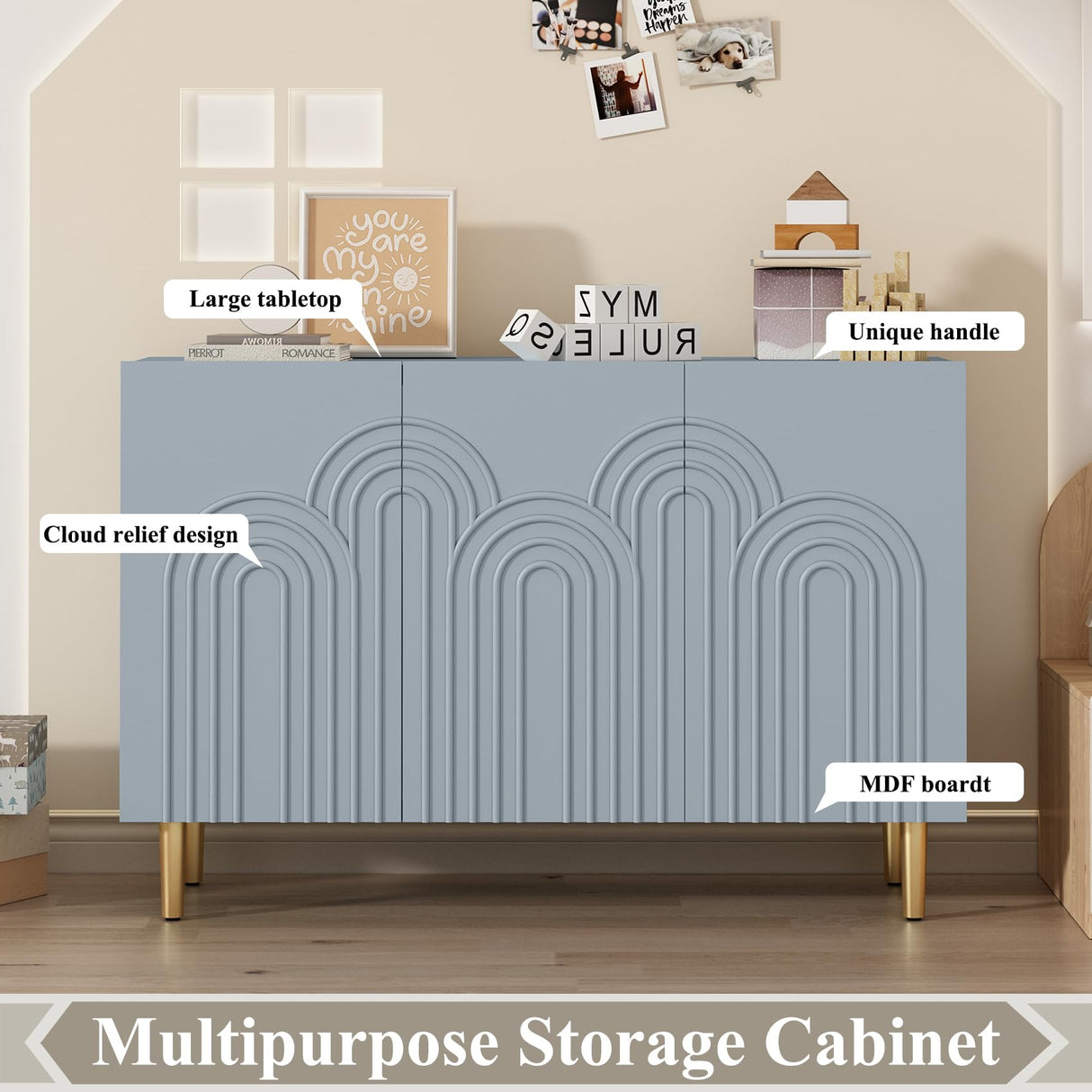 47" Sideboard Buffet Cabinet with Cloud Relief, Accent Cabinet with 3 Doors