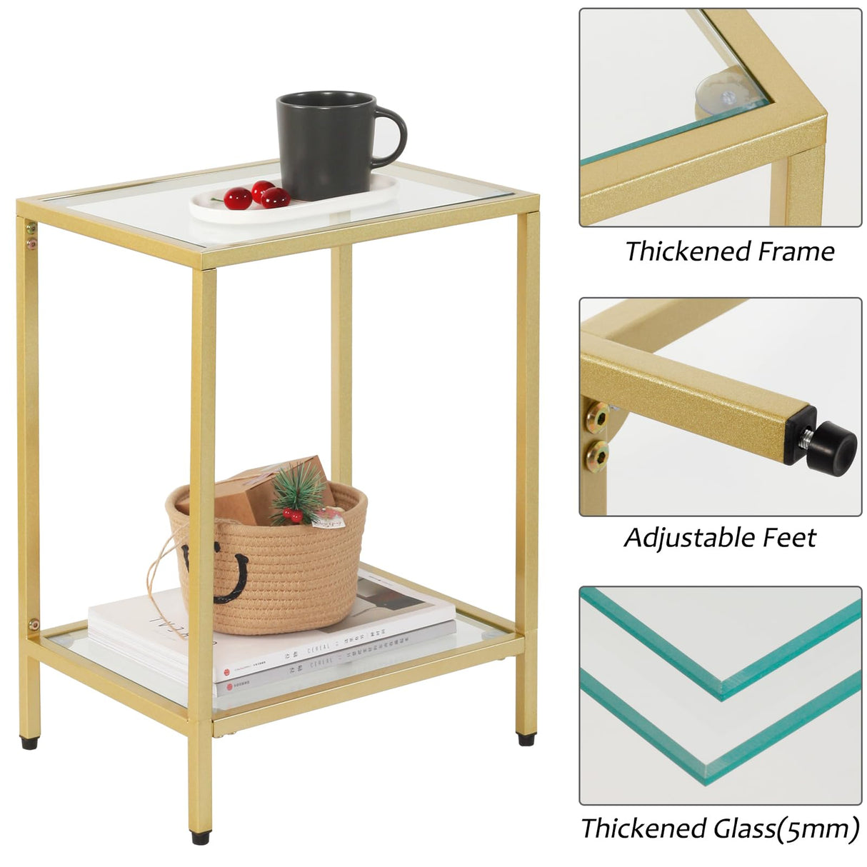 2-Tier End Table with Tempered Glass, Gold Metal Side Tables Sofa Side Table