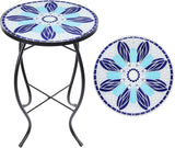 Sunflower Outdoor Side Table, Mosaic Design, Small Glass Top, Round, Patio Side Table