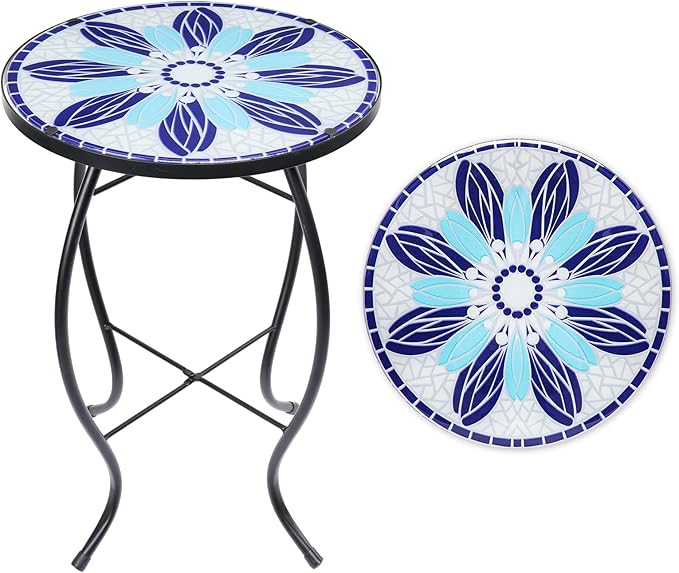 Outdoor Side Table Mosaic End Table Patio Side Table Small End Table Glass Top Round