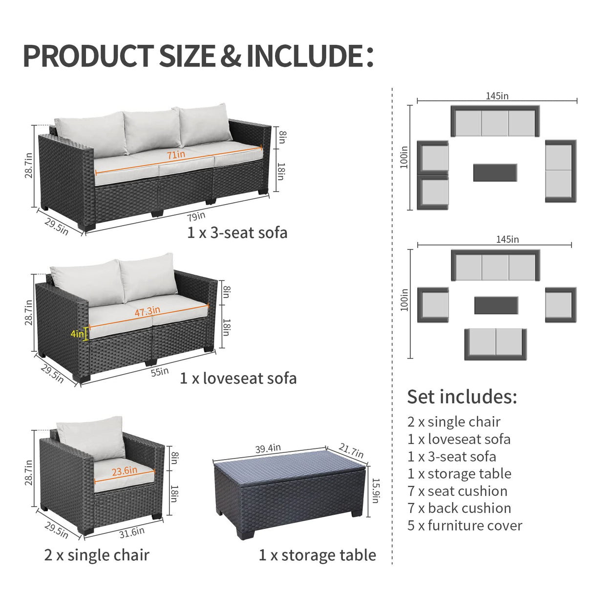 5-Piece Patio Furniture Sofa Set Outdoor Wicker Sectional Couch