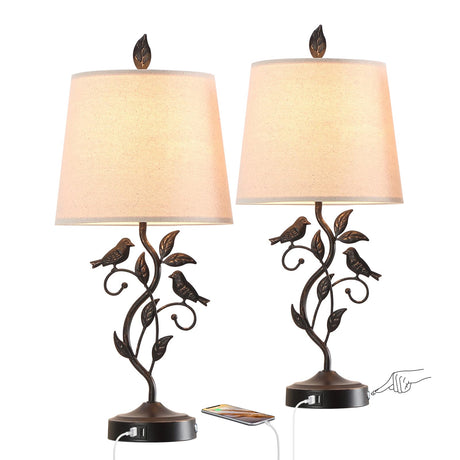 Set of 2 Touch Living Room Table Lamps with 2 USB Ports, Vintage Nightstand Lamp,