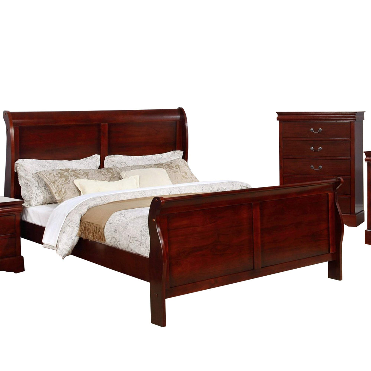 Benjara Queen Size Sleigh Wooden 5 Piece Bedroom Set, Brown